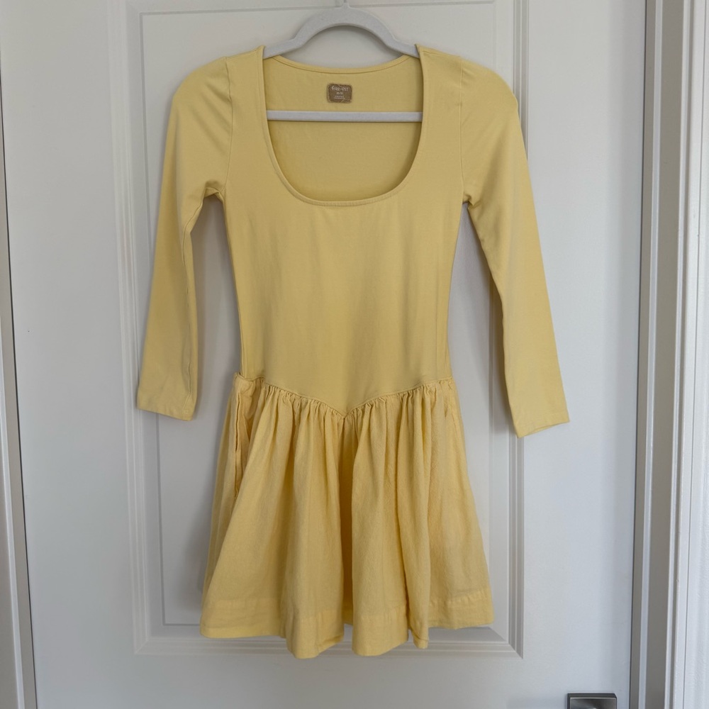 Free People Onda Drop Waist Long Sleeve Mini Dress-Yellow - Picture 3 of 13